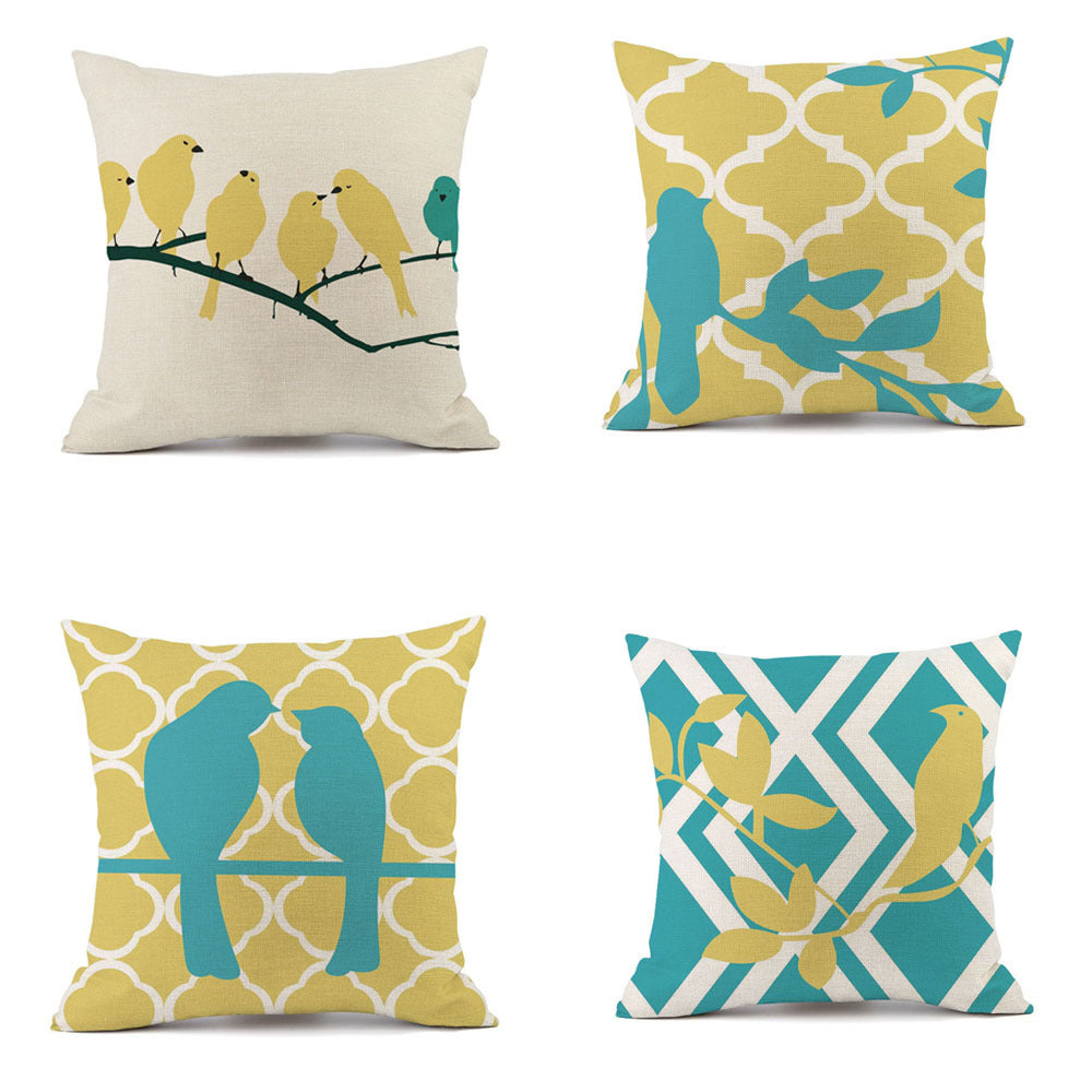Floral Bird Striped Cotton Linen Cushion Covers